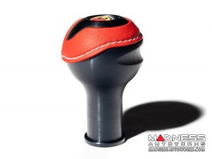 FIAT 500 Gear Shift Knob - Black Italy - Black Base/ Red Leather Top + ABARTH Logo - V2
